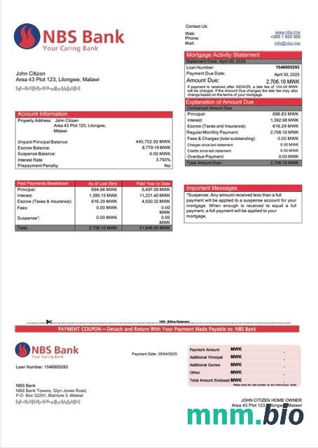 Malawi Bank NBS wyciąg z kredytu hipotecznego szablon Word i PDF